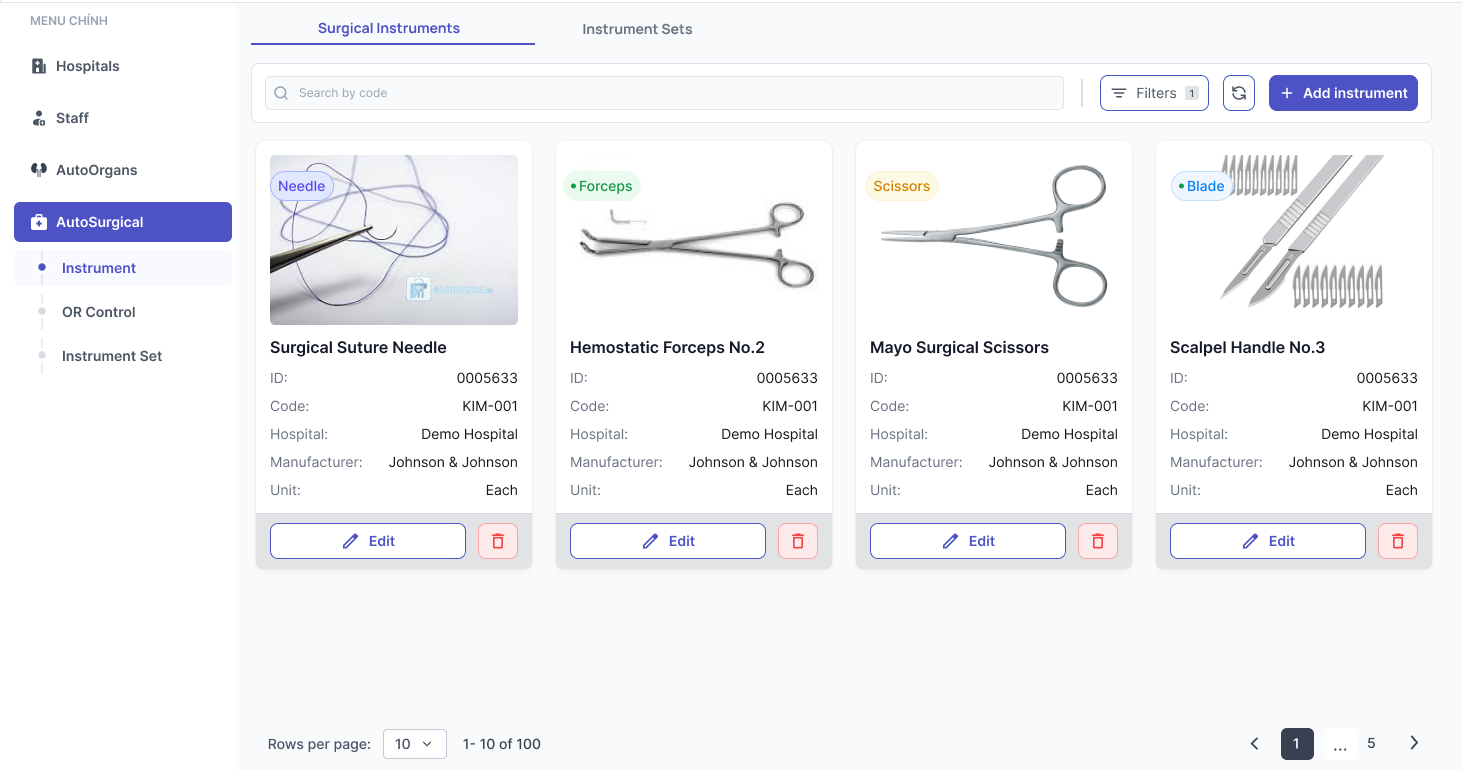 AutoSurgical instrument catalogue: governed instrument identity and reference images.