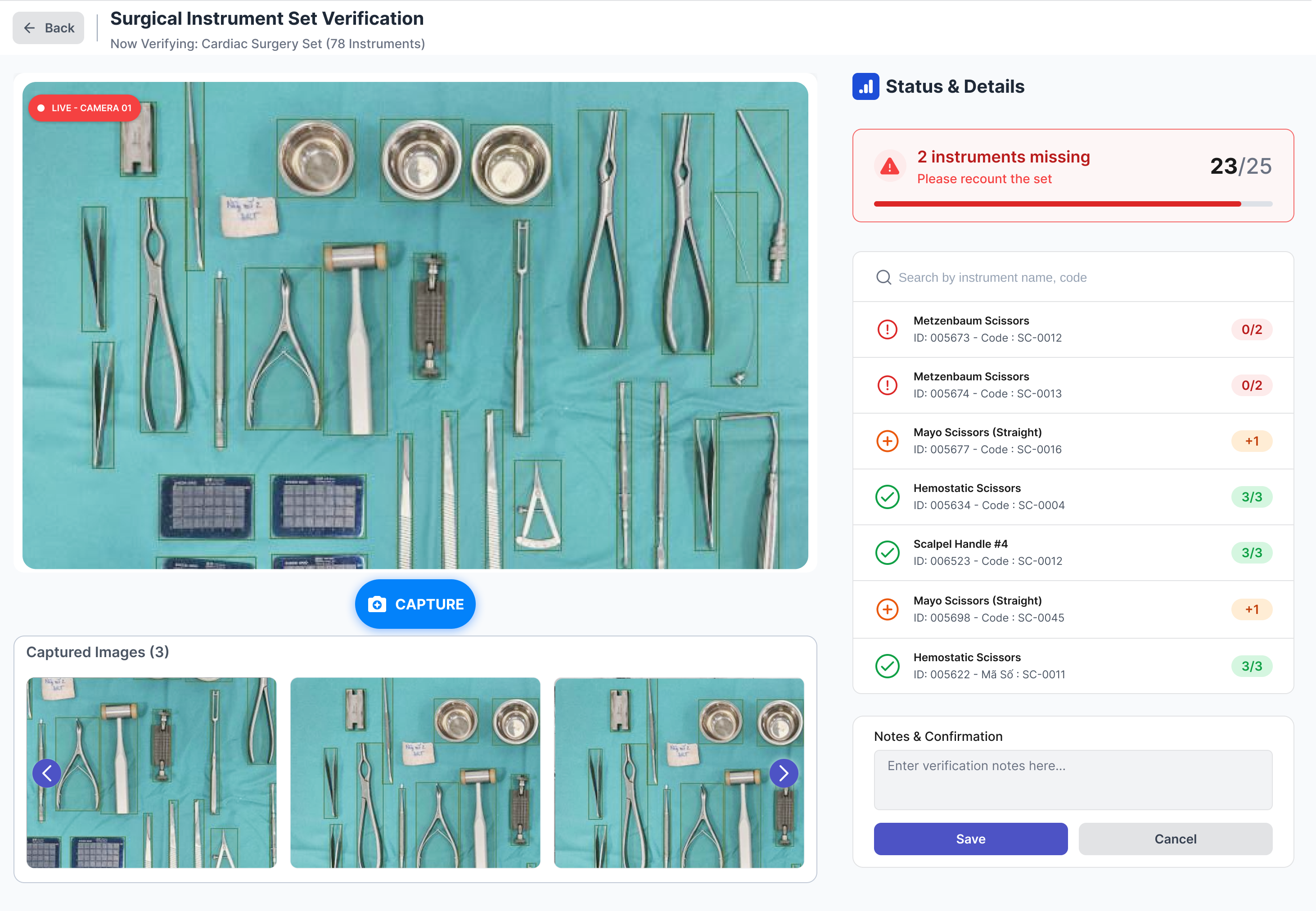 AutoSurgical status and details: missing, extra, and verified instrument states shown for staff review.
